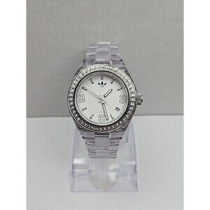 Adidas Womens Watch Clear Bracelet Crystal Bezel White Dial Date New Battery